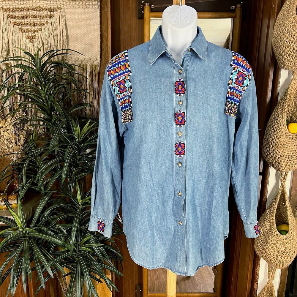 Vintage Hand Beaded Denim Shirt M | Artisan Western Artwear 90s Cowboy Americana